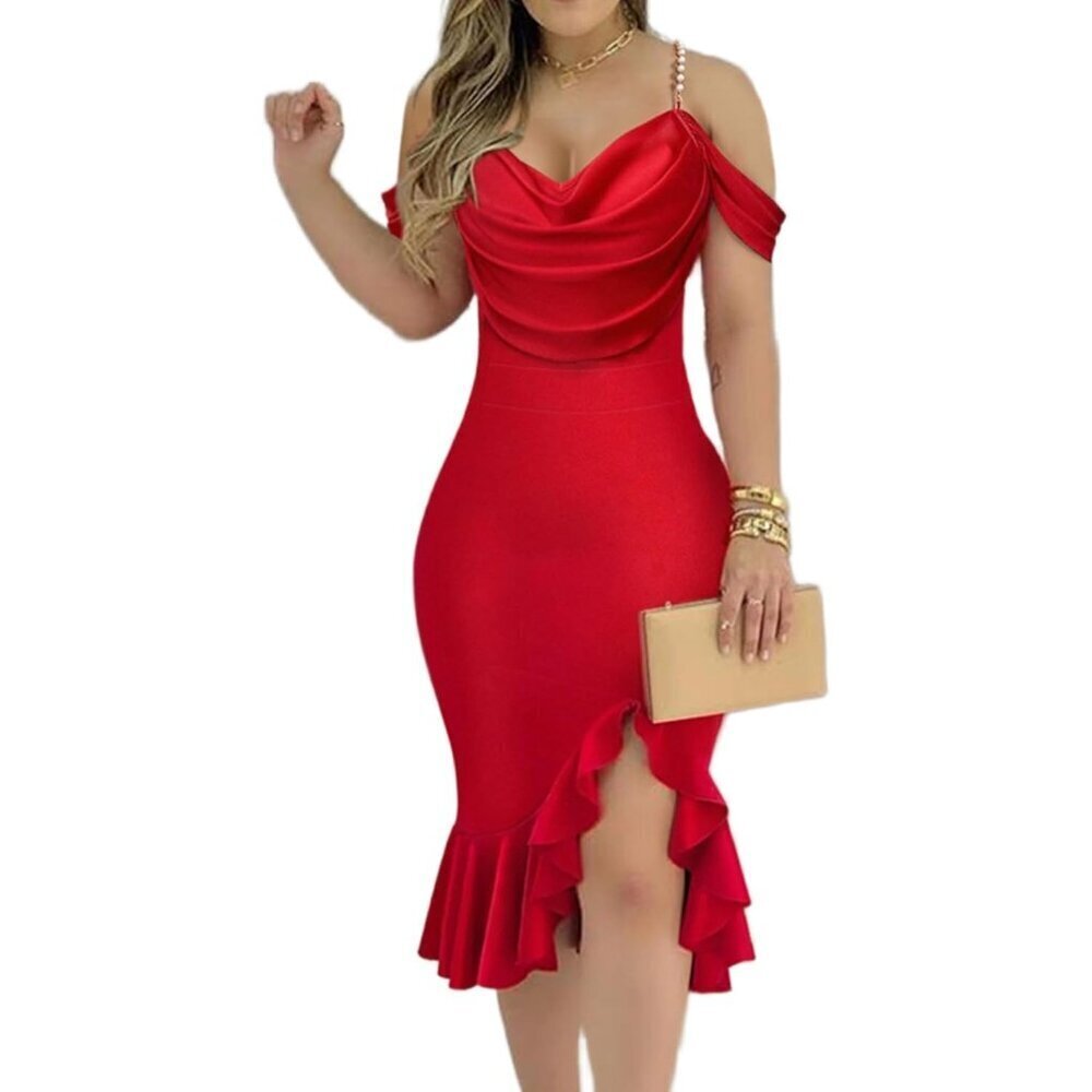 Women's Sexy Bodycon Red Dress Off Shoulder Pearl Strap Midi Ruffle Cocktail